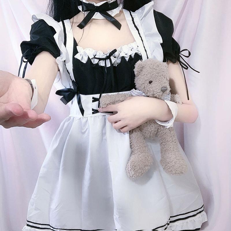 Black Cute Lolita Maid Costumes Girls Women Lovely Maid Cosplay Costume Dress