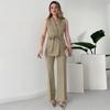 Summer 2024 European-American Solid Color Sleeveless Waist-Cinching Vest & Commuting Suit Pants Set