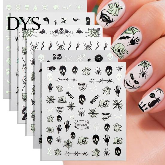 Halloween Nail Stickers 6 Sheets Glow-in-the-dark Sticker, Spooky Ghost Pumpkin Skull Manicure Party Art Decor Decal, DIY Decoration Favors for Women