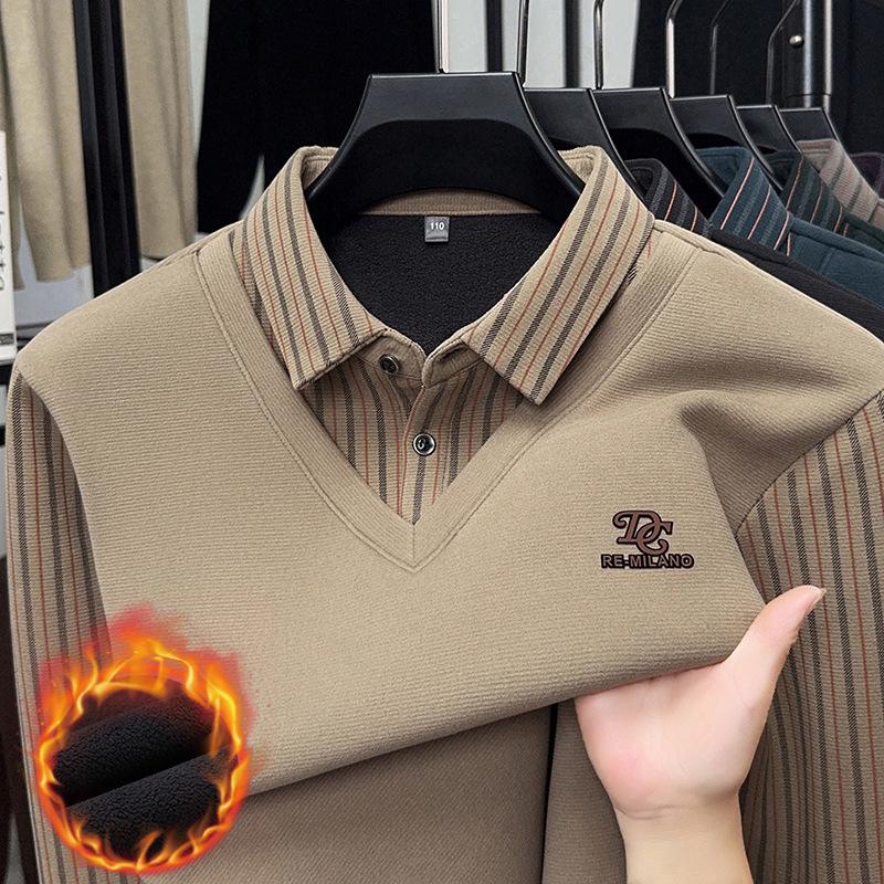 Men's Winter Wool Silk Lapel Two-in-One Sweater with Fleece Lining