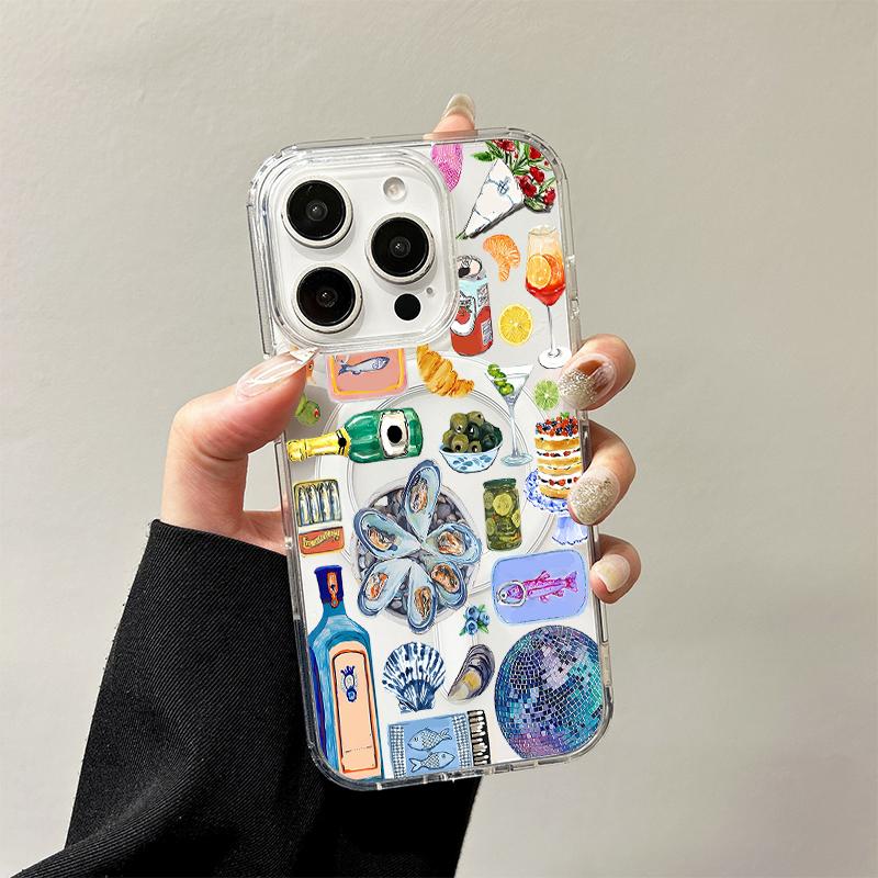 Чехол с принтом морепродуктов для беспроводной зарядки iPhone 17 Air 16 E 15 14 Plus 13 12 Mini 11 Pro Max Прозрачный силиконовый край