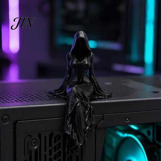Detailed Sculpture Decor Black Robe Girl Ornament, Gothic Dark Style Figurine, Durable PLA Material Ornament Halloween Sitter Sculpture, for E-sports