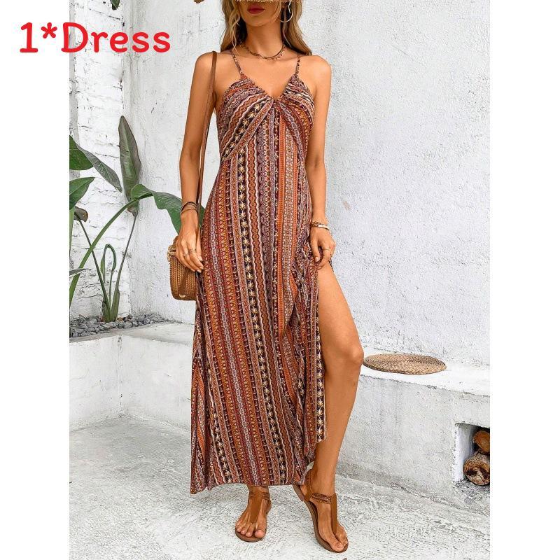 Summer Floral Print Sleeveless Maxi Dress With Zipper For Womens Beachwear