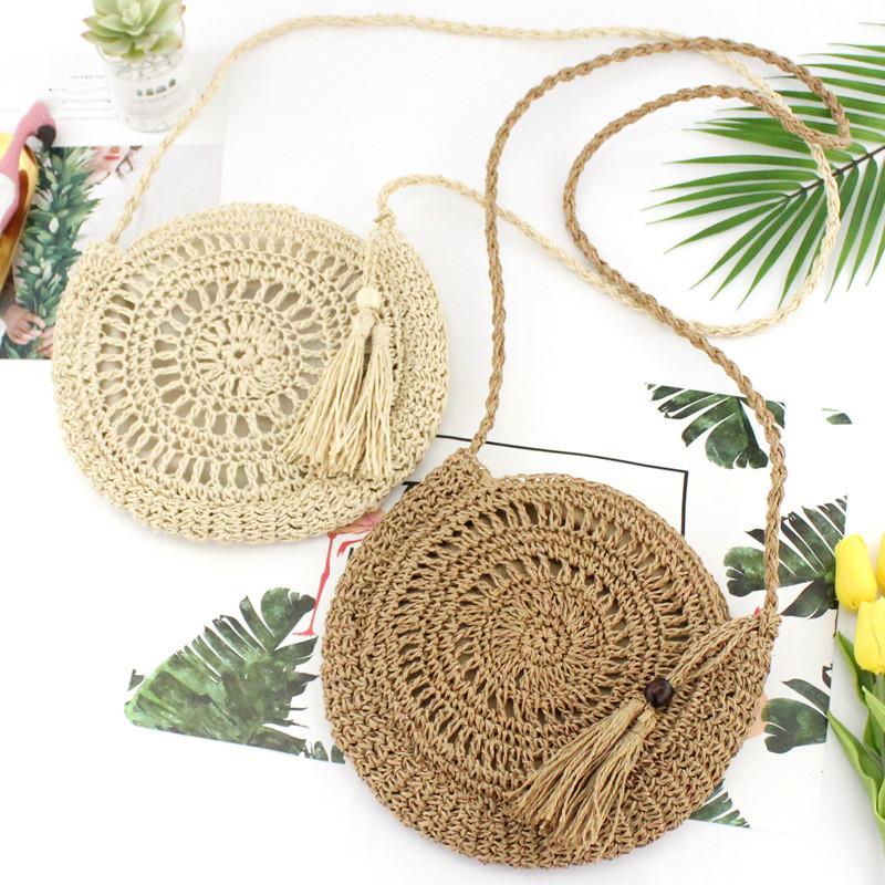 Yogodlns Round Soft Paper Rope Shoulder Bag Tassel Handmade Crossbody Bags Straw Bag Circle
