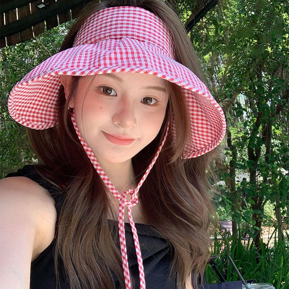 Plaid Print Large Brim Sun Hat Breathable Wide Brim Sunhat Sun Protection Hats For Ladies Girl