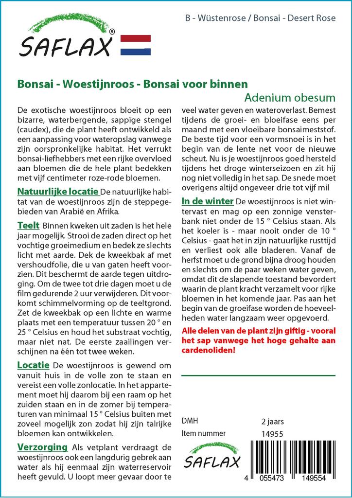 SAFLAX Garden in the Bag - Бонсай - Роза пустыни - 8 семян - С субстратом в подходящем пакете - Adenium obesum