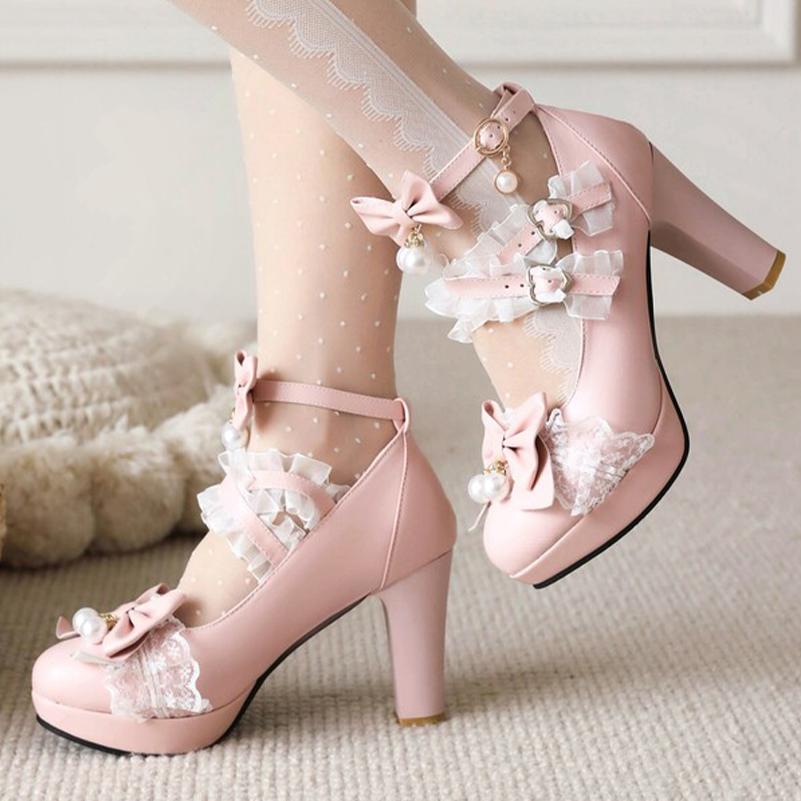 FOREADA Women Pu Leather Pumps Platform Thick High Heels Round Toe Mary Janes Bead Buckle Party Wedding Lovely Spring Autumn