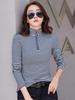 Women's Striped Long-Sleeve T-Shirt, Pilling-Resistant 95% Cotton, Slim Fit Base Layer, Regular Shoulder, Zipper. Ideal for Spring & Autumn.