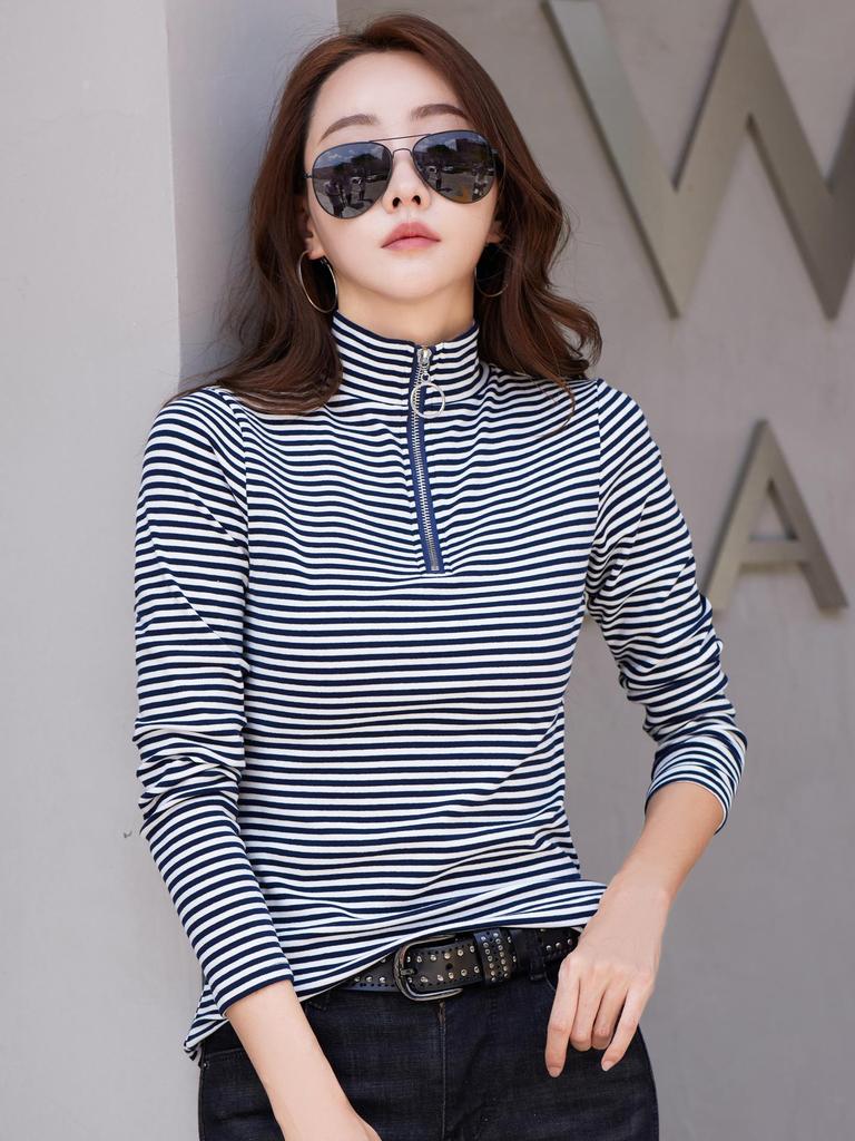 Women's Striped Long-Sleeve T-Shirt, Pilling-Resistant 95% Cotton, Slim Fit Base Layer, Regular Shoulder, Zipper. Ideal for Spring & Autumn.