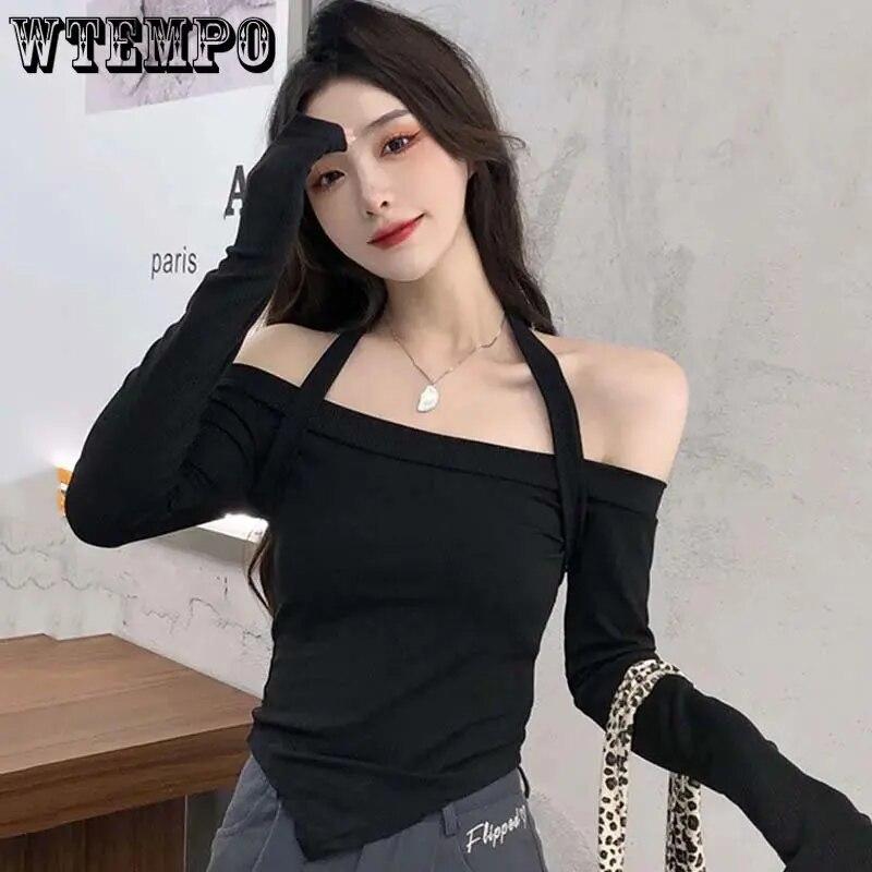 Off Shoulder Cropped Top Sexy Slim Women Thin Sweater Knitted Pullover Hottie Long Sleeve Tight Undershirt Hanging Neck Design