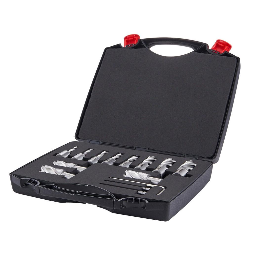 Annular Cutter Set, 13 pcs Weldon Shank Mag Drill Bits, 1" Cutting Depth, 7/16" to 1-1/16" Cutting Diameter, M2AL HSS, 2 Pilot Pins, Hex Wrench and