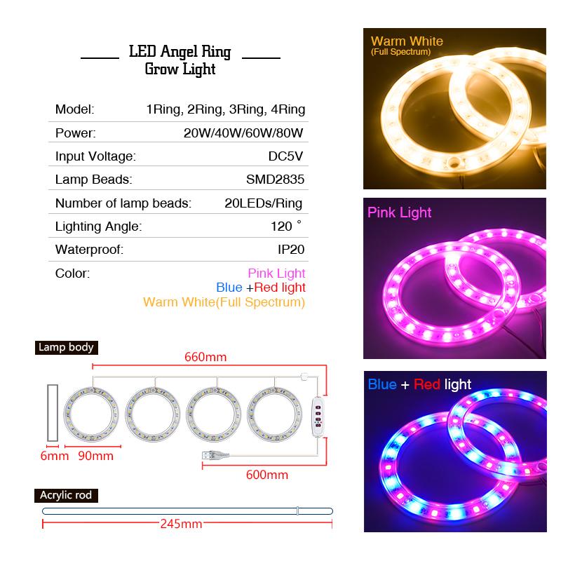 Светодиодный светильник Angel Ring Grow Light DC5V USB Full Spectrum Phyto LED для растений, цветов, теплиц, рассады, светильники для роста