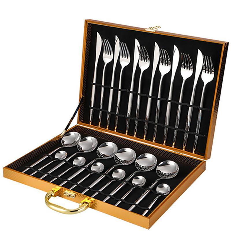 24PCS Cutlery Set Stainless Knife Fork Spoon Flatware Tableware Set Gold Gift Box Portable Dinnerware Dishwasher Kitchenware
