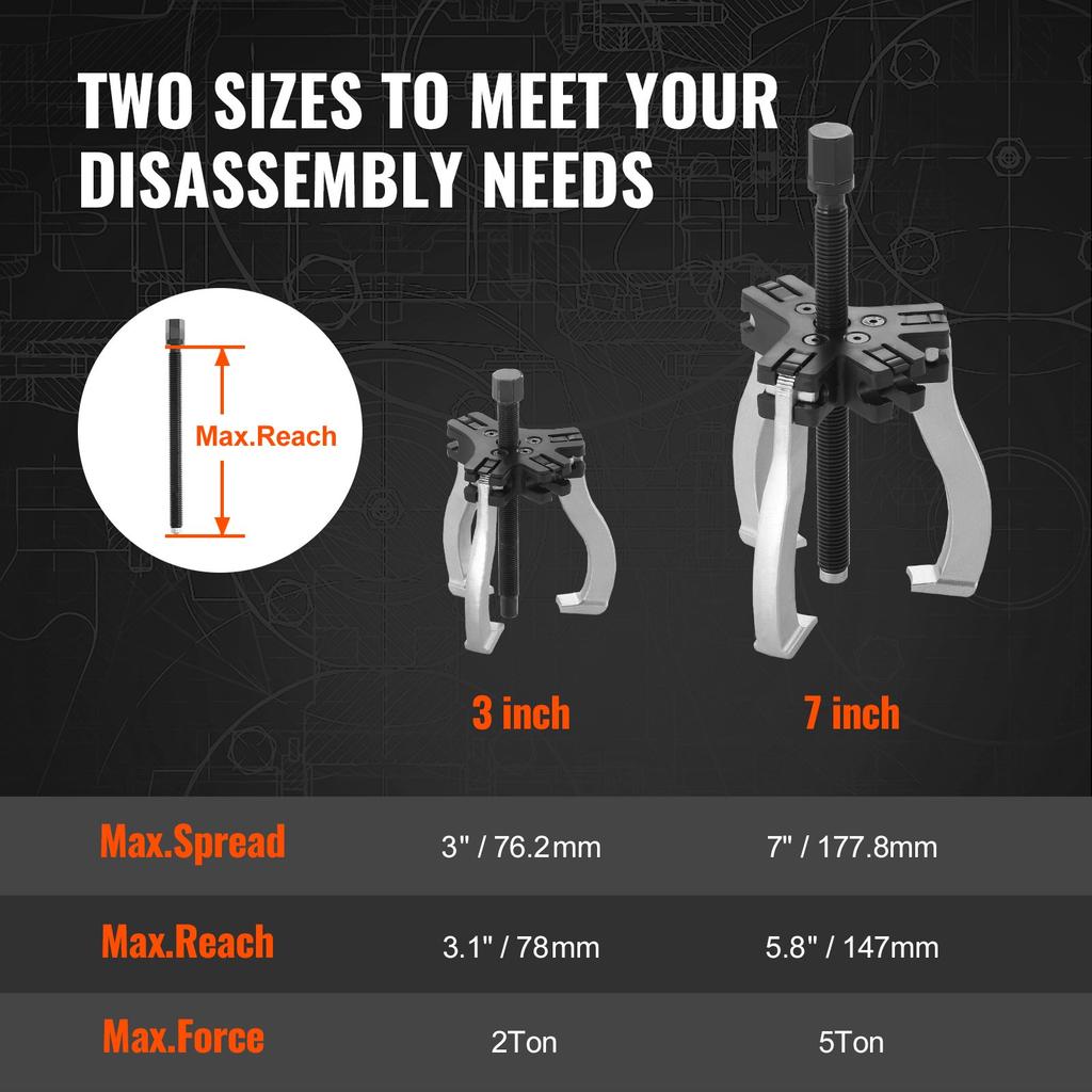VEVOR Gear Puller Set, 7.6 cm and 17.8 cm Puller Kit, 3 Jaw Gear Bearing Flywheel Pulley Removal Tool, 2 or 3 Reversible Jaws Wheel Puller