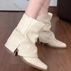 Fashion Vintage Thick Heel Women Ankle Boots Fashion Pointed Toe Pleated Shoes Autumn Winter Ladies Elegant Trouser Legs Short Booties