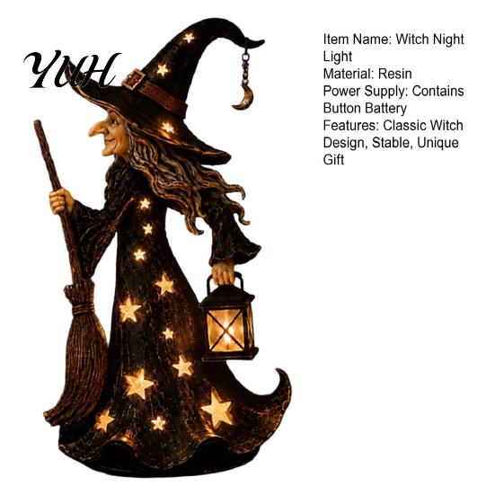 Seasonal Home Entrance Decor Halloween Witch Figurine with Star Light, Resin Tabletop Nightlight Lantern, Handcrafted Holiday Table Centerpiece Wizard