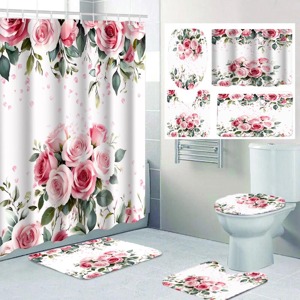 4 Piece Bathroom Decor Set With 70.8 Inch Shower Curtain Rug And Toilet Lid Cover