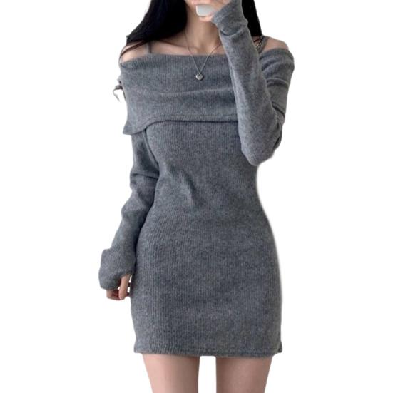 Women Knitting Tops Off Shoulder Long Sleeve Solid Color Slim Fit Pullover