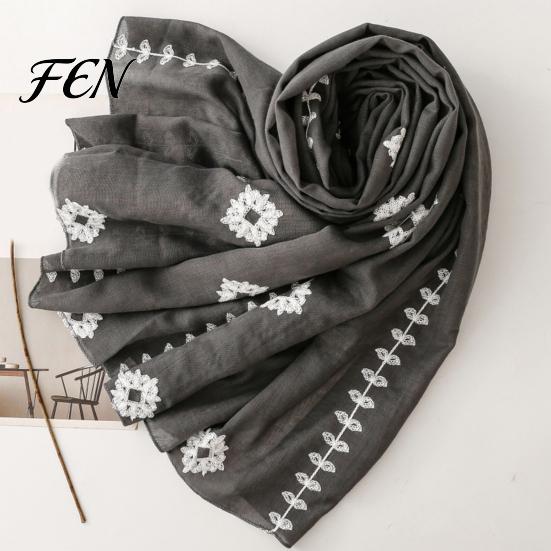 Bohemian Travel Accessory Solid Color Embroidered Shawl for Women, Lightweight Soft Gauze Scarf with Floral Vine Texture, 180x90cm Breathable