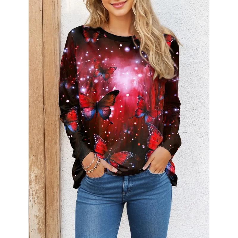 Women's T Shirt Tee Butterfly 3D Print Daily Sweatshirt Weekend Fashion Long Sleeve T Shirts Round Neck Red Spring Tshirt