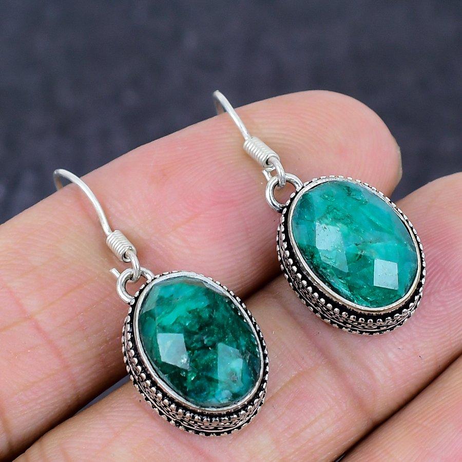 Изумруд(Смоделированный) Драгоценный камень 925 Стерлинговое серебро Ювелирные изделия Серьга 1,38" h8E52