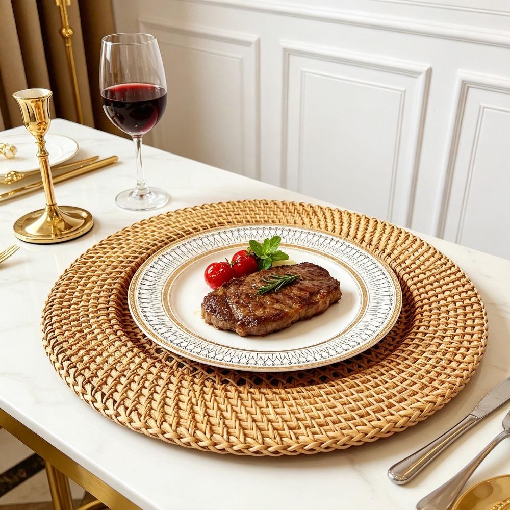 Vintage Tableware Mat Decorative Snack Serving Tray Nordic Handwoven Rattan Tray Living Room