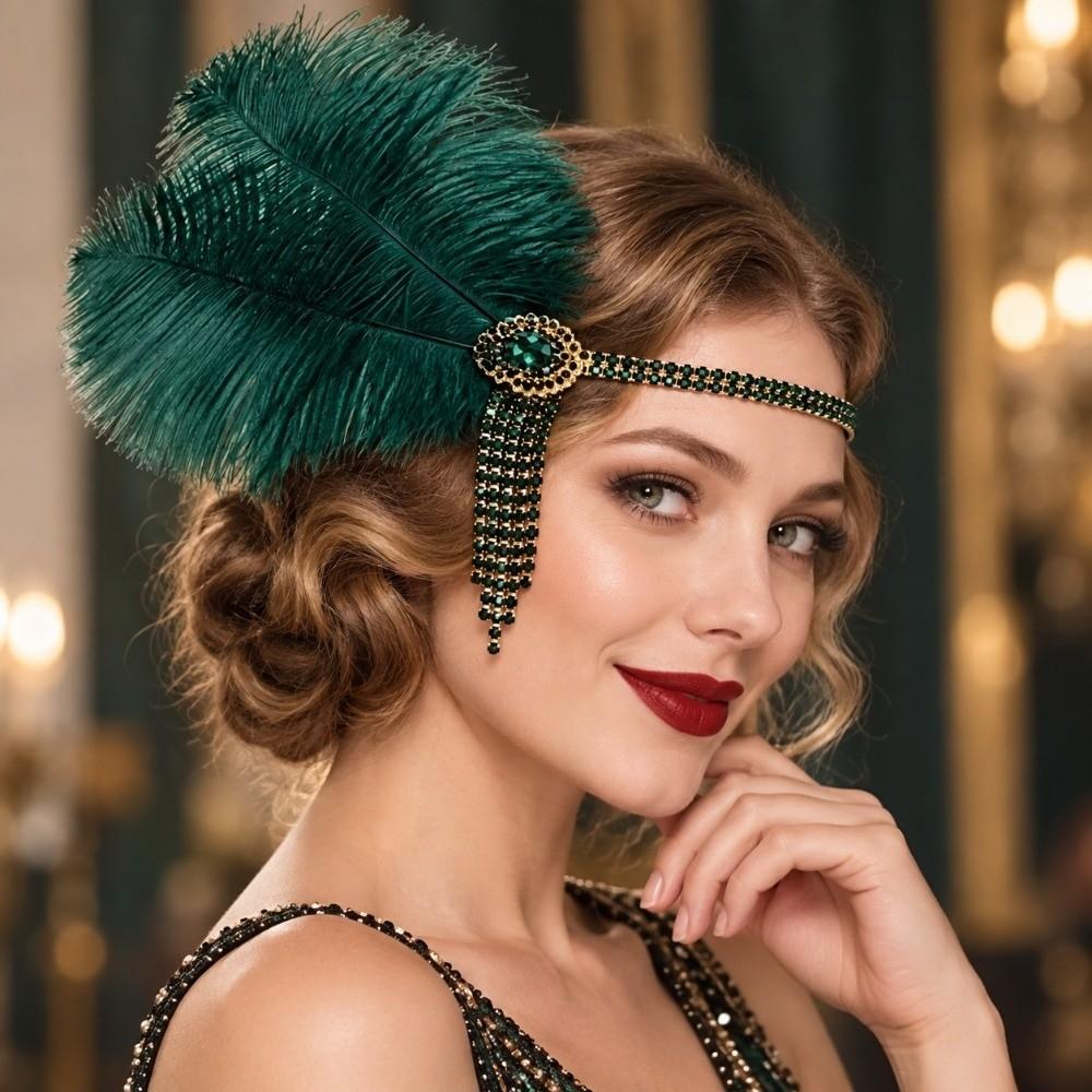 Rhinestone Glistening Feather Headband with Tassel Hair Band Vintage 1920s Headband Party
