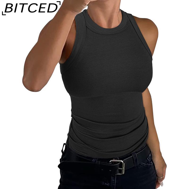 BITCED Летний женский облегающий топ-майка в рубчик с круглым вырезом