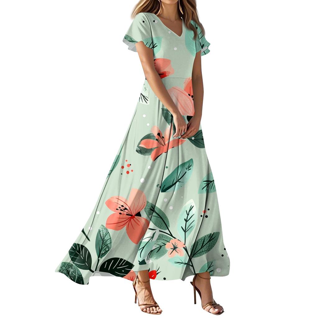 Женское повседневное платье с V-образным вырезом, коротким рукавом, высокой талией и принтом в виде цветов и листьев в стиле ретро
