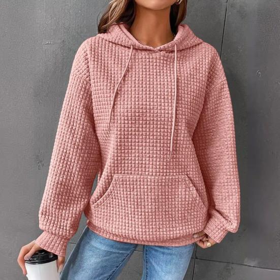 Осень-зима, женская однотонная толстовка с накладным карманом, цветная, свободная, на шнурке, с капюшоном, большая, толстая, теплая, с длинным рукавом, вафельная