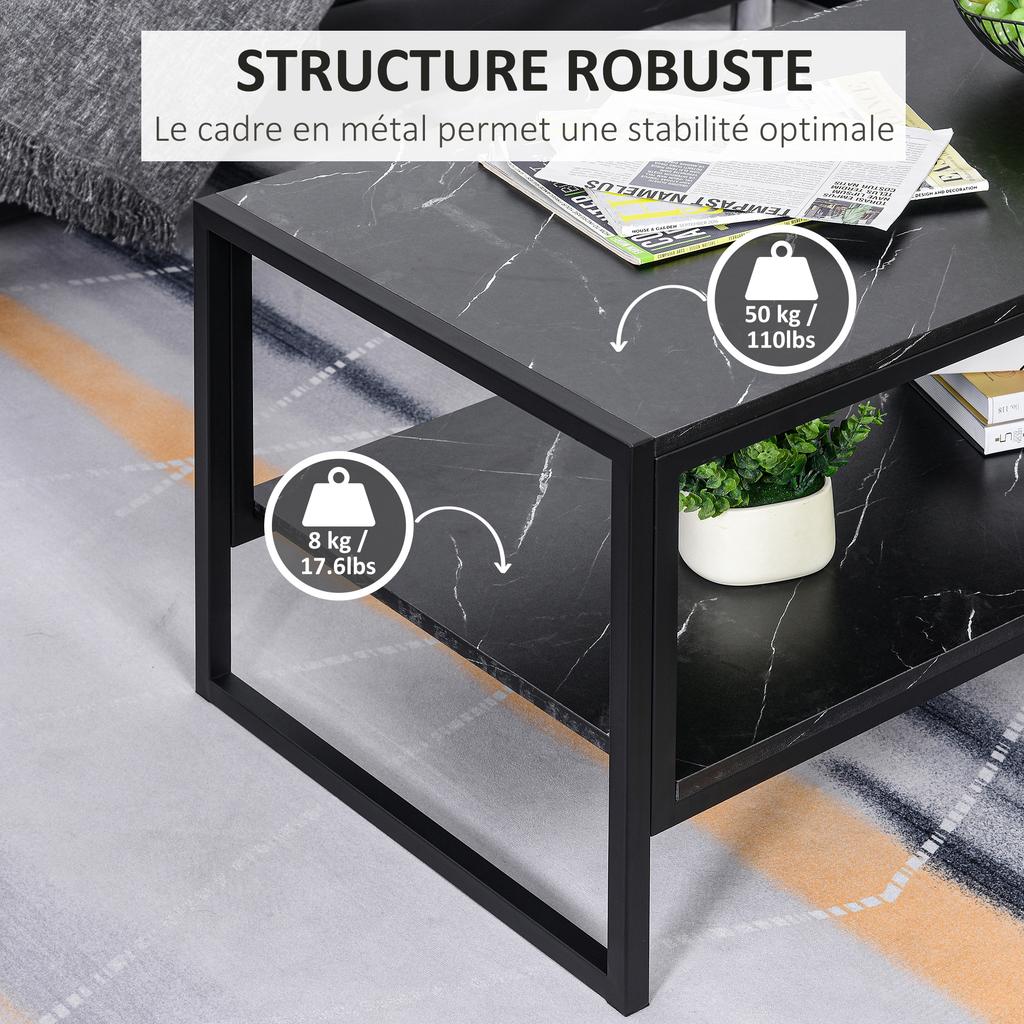 Coffee Table, Two-Tier Faux Marble Effect Centre Table with Metal Frame and Storage Shelf for Living Room, 106 x 50 x 45cm, Black