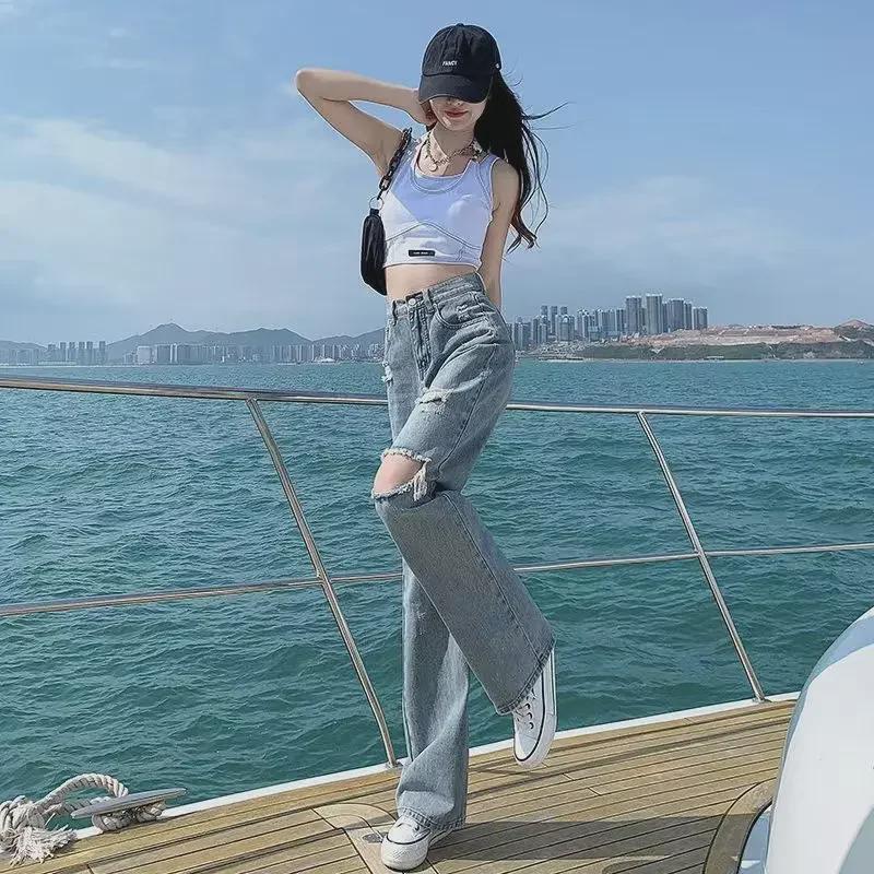 Женские узкие рваные джинсы с высокой талией - летние модные свободные широкие брюки для уборки 2023 года