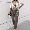 European and American new casual versatile fashion animal pattern long-sleeved crew neck sweater set ME1 + ML1