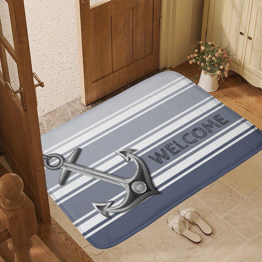 Nautical Anchor Welcome Doormat Grey Blue Stripe Entrance Rug Sailing Theme Non-Slip Floor Mat Coastal Home Room Decoration