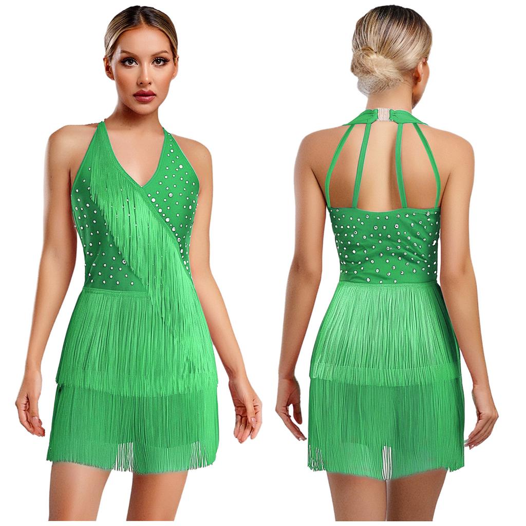 S-3XL Women Dance Bodysuit Halter Neck with Rhinestones Fringed Back Latin Tango Salsa Jazz Performance Costume Leotard