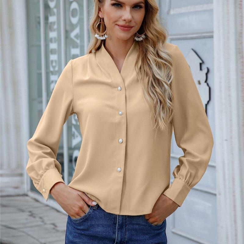 Fashion Solid Long Sleeve Womens Shirts Loose Button-up V Neck Blouses Women Elegant Lady Tops Casual Blouse Blusas Mujer 25722