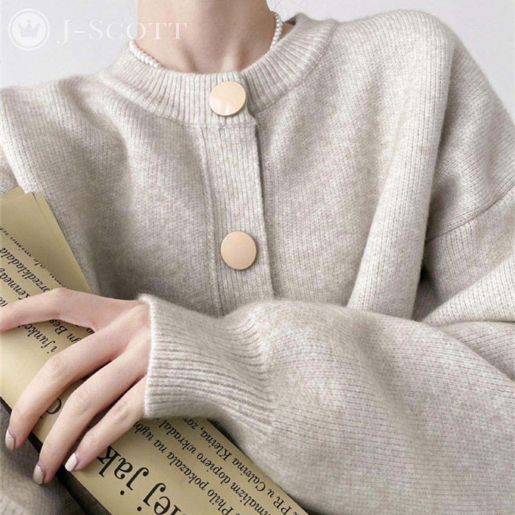 Knit Cardigan for Gold Round Front Long Loose Easy Adult Adult Adult Slender for Easy To Put Beige Women, Buttons, Neck, Buttons, Sleeves, Silhouette,