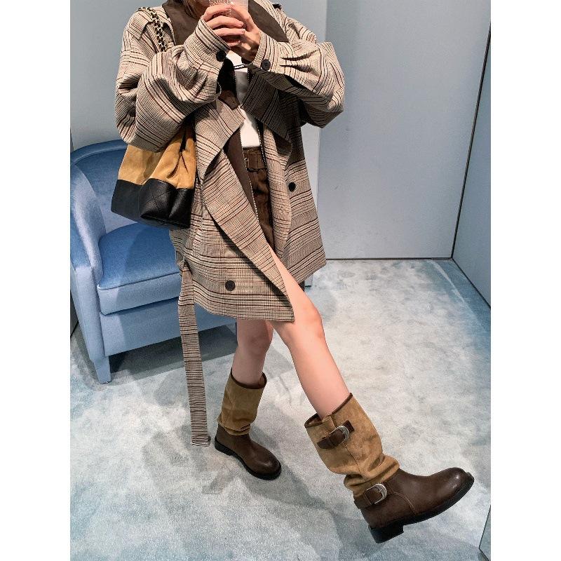 Версия из коровьей кожи~ Контрастные ботинки с пряжкой на ремне, женские ретро замшевые ботинки-рыцари с вставками, стройнящие ботинки на устойчивом каблуке Maillard