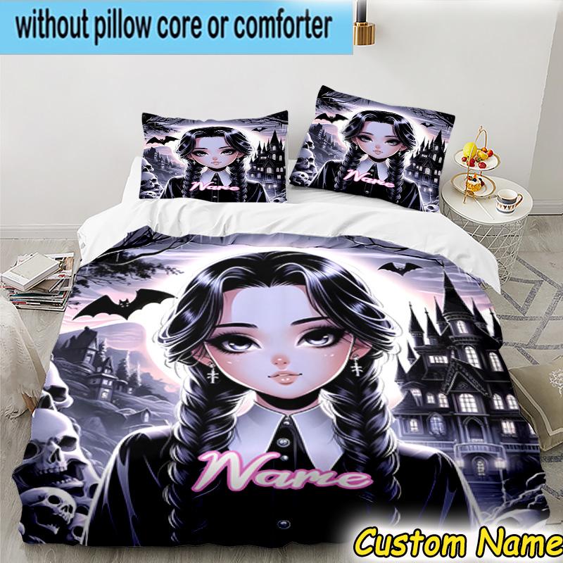 3PCS Custom Name Gothic Addams Bedding Set Printed Duvet Cover Closure Includes 1 Duvet Cover & 2 Pillowcases for All Seasons Bedroom Decor