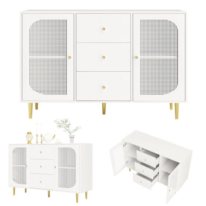 Buffet - MUVOE - 120 cm - 2 portes - 3 tiroirs - Rotin PE blanc