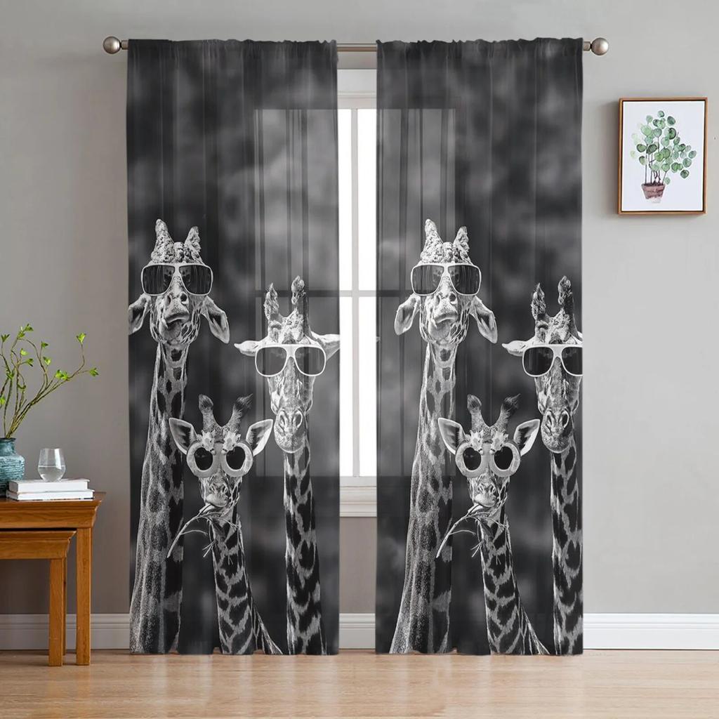 Giraffe Animal Oil Painting Tulle Curtains Balcony Room Fashion Printed Sheer Curtain Living Room Window Modern Decor