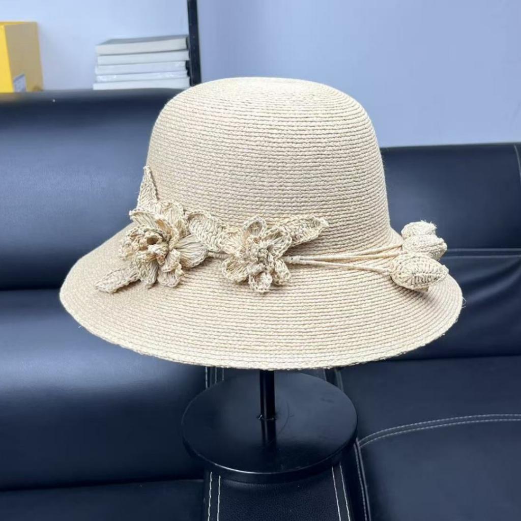 French romantic raffia hat female Hepburn wind fisherman basin hat summer seaside vacation sunshade sun hat