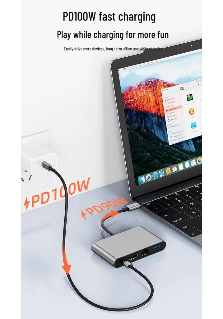 Универсальная док-станция 4-в-1 USB-C для ноутбука/iPad Apple с HD-конвертером, USB 3.0 и сетью 100 Мбит/с
