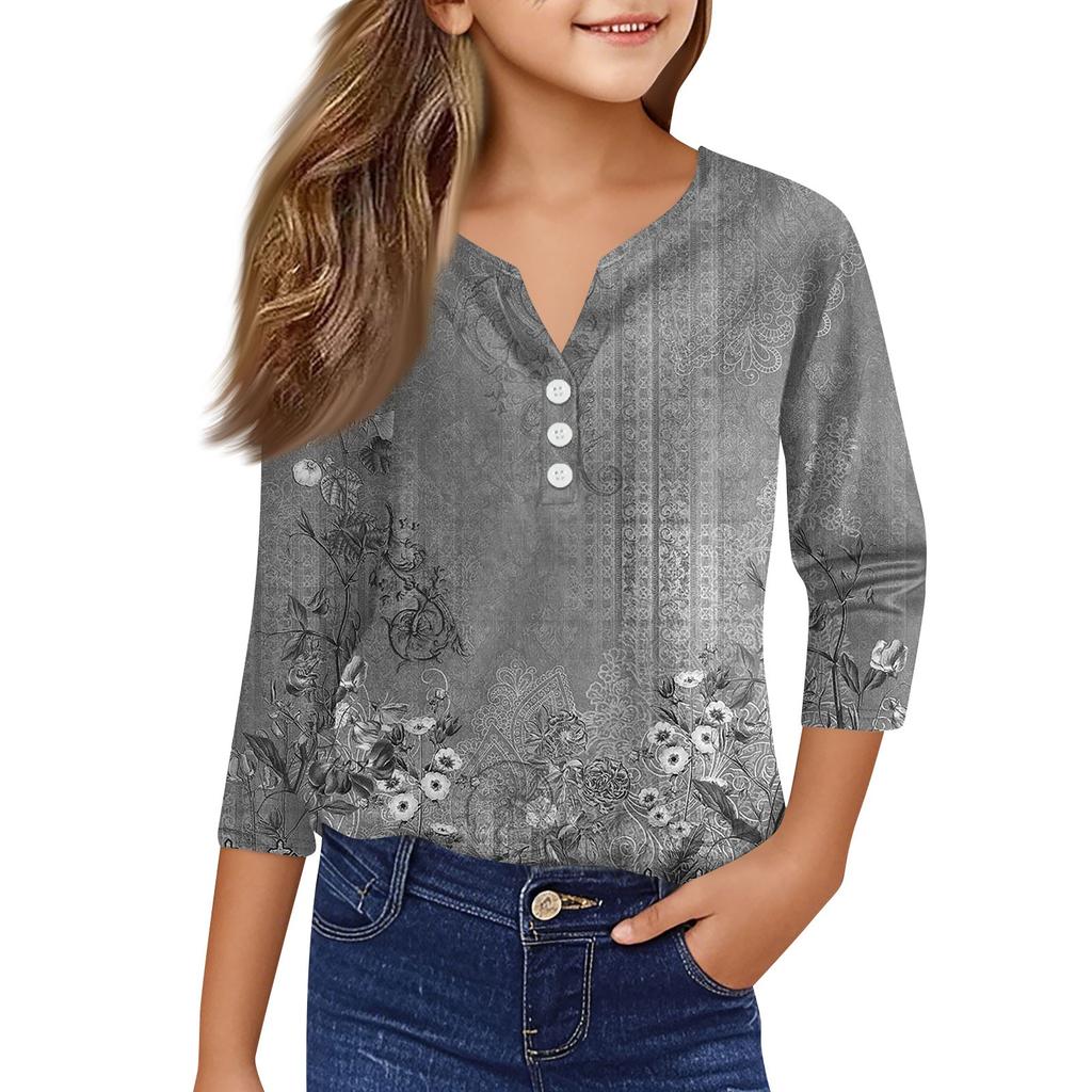 Повседневные модные топы для девочек с принтом, футболка с семью рукавами и пуговицами