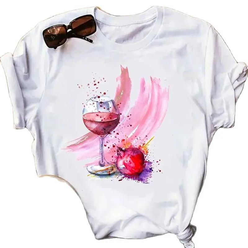 Wine Glass Wine Glass Print Short Sleeve T Shirt Women Vintage Tops Harajuku Graphic T-shirts Aesthetic Clothes Tee