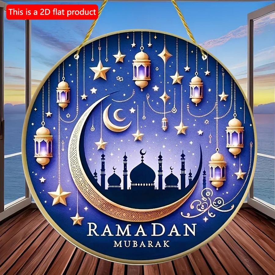 2D Flat 20*20cm 1pc Happy Eid Golden Moon Stars Design High Quality Blue Window Pendant, Suitable For Ceiling Hanging Round Wooden Ornament, Terrific