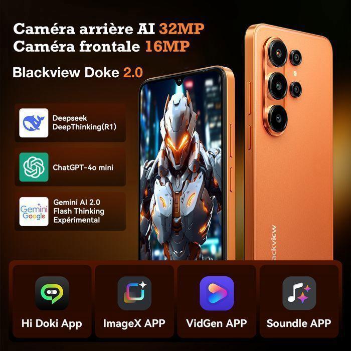 Refurbished - Blackview WAVE 10 Smartphone 6.88" 120Hz 24Go(8+16) + 128Go/jusqu'à 2To 5000mAh Android 16 32MP Téléphone 4G Double Sim GPS - Orange
