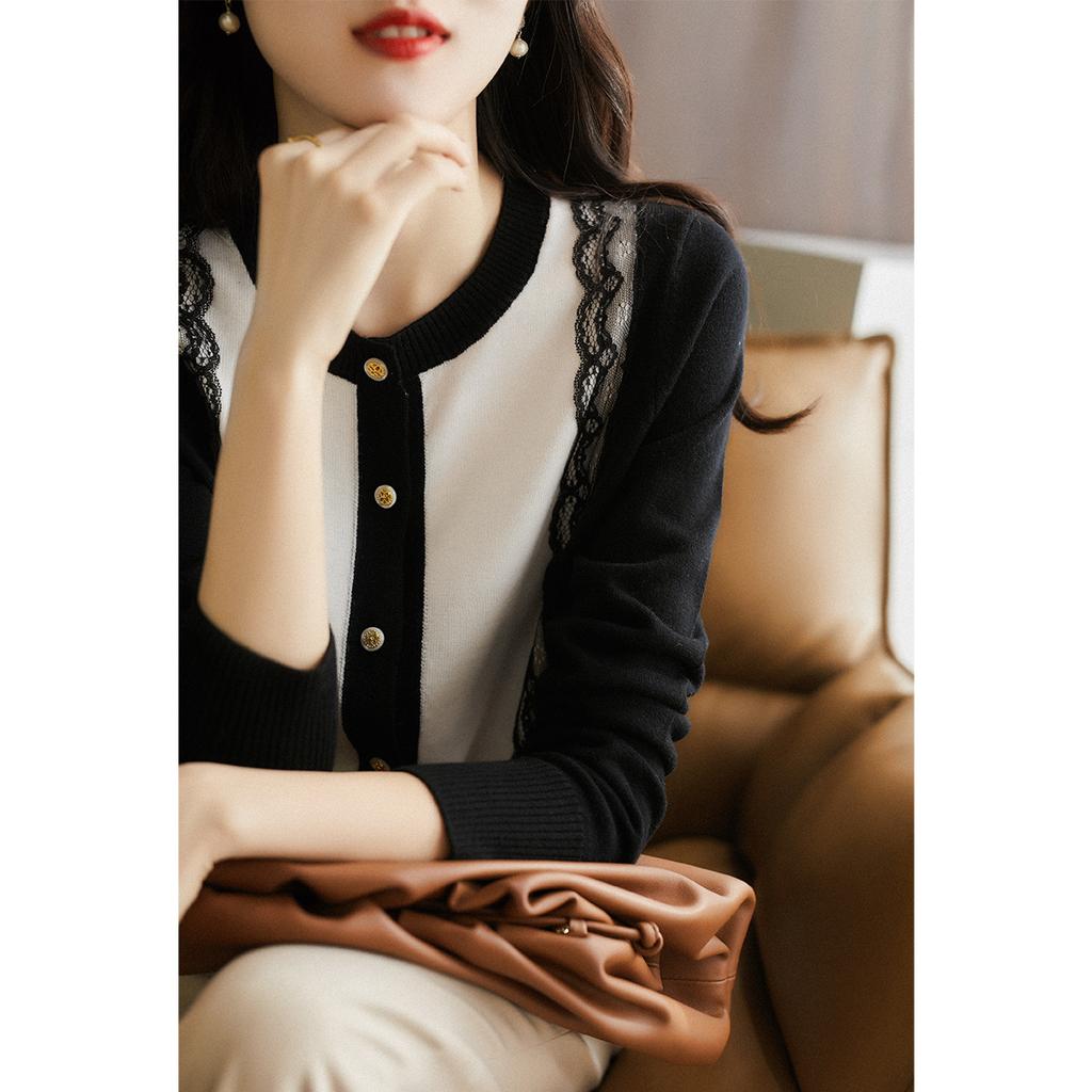 Autumn Women's Sweater Long Sleeve Top Slim Lace Splicing Round Neck Knitted Cardigan