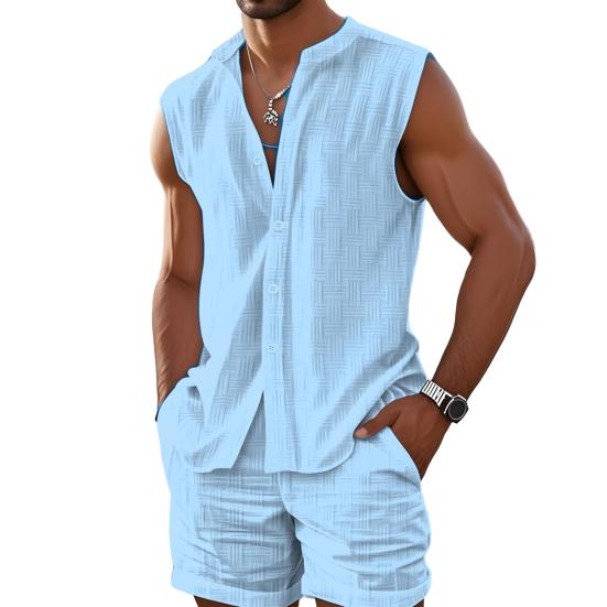 2 шт./комплект мужской летний наряд воротник-стойка без рукавов пуговицы планка рубашка топы широкие шорты комплект из двух частей костюм