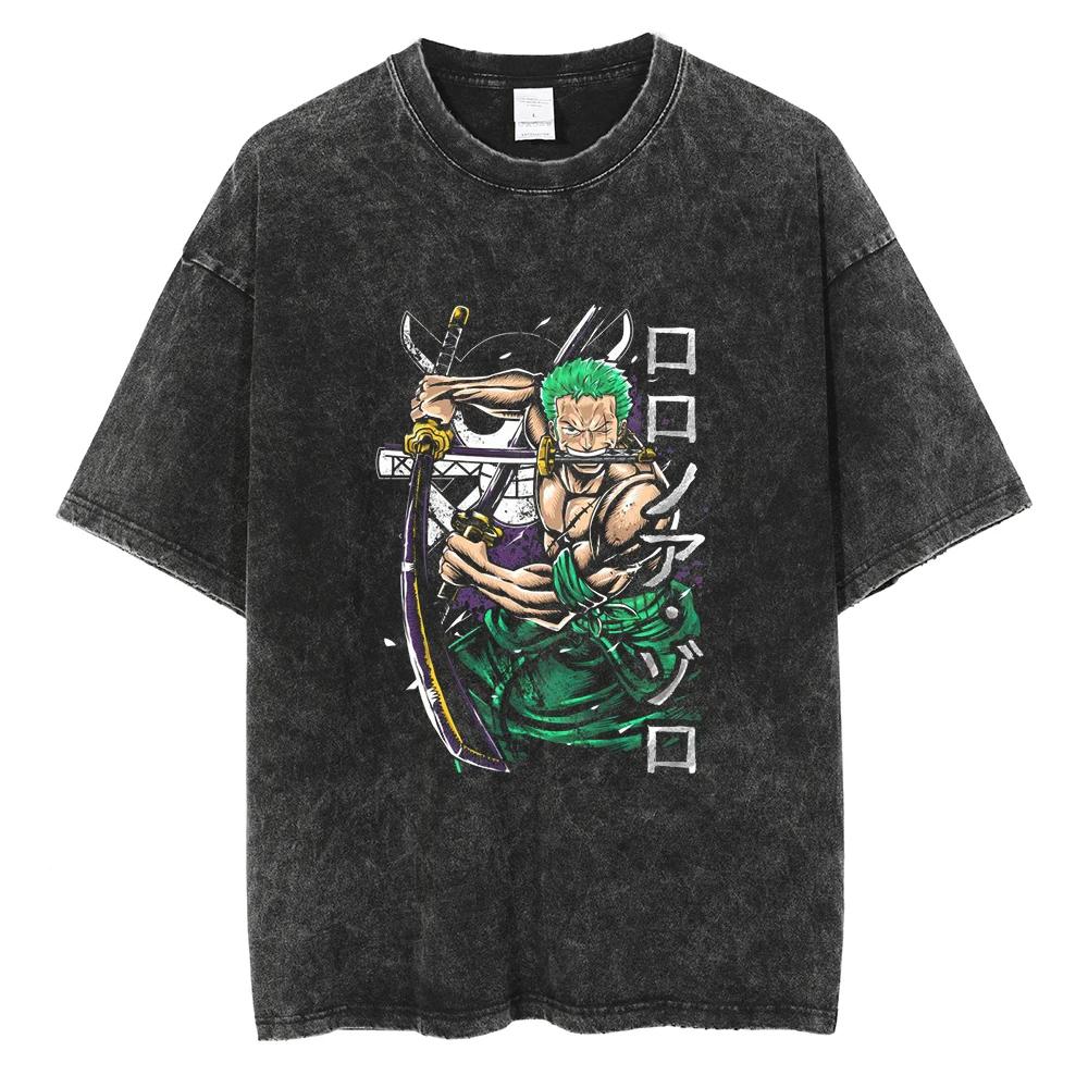 Harajuku Fashion Vintage TShirt Japanese ONE PIECE Anime Graphic Oversize T Shirt Washed Tshirt Men Summer Cotton Tops Tees